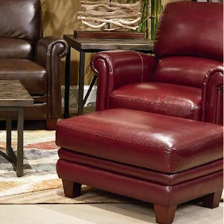 Leather Chair and Ottoman Set with Bustle Back and Rolled Arms